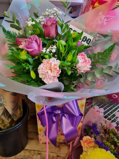 Bluebells & Balloons - Pink & Green Handtied