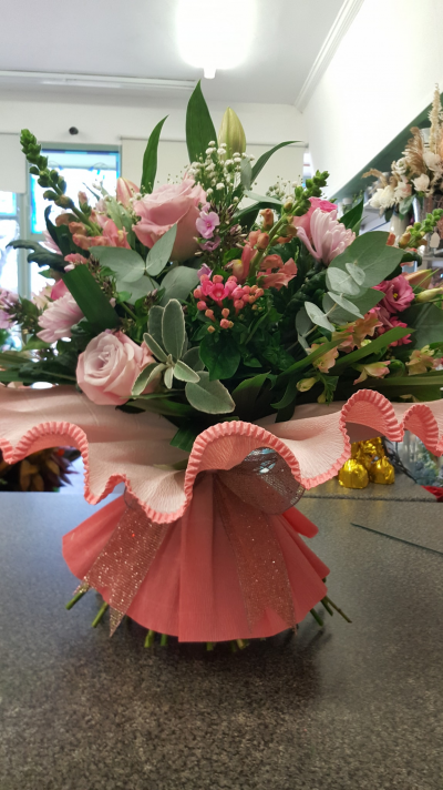 Bluebells & Balloons - All Pink Handtied