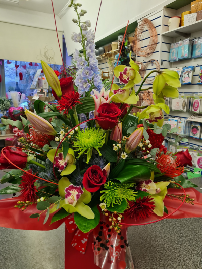 Bluebells & Balloons - Rose & Orchid Handtied