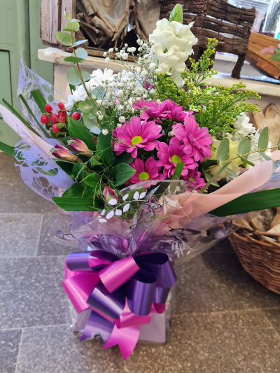 Bluebells & Balloons - Pink & White Handtied