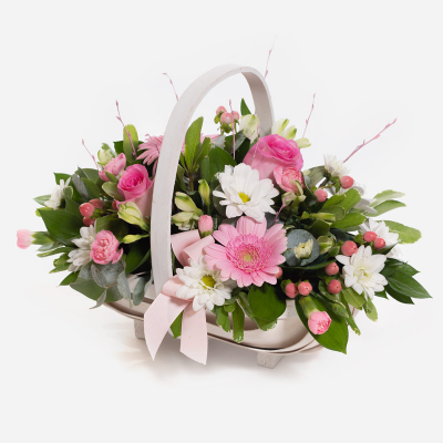Baby Girl Pink Basket  - A floral basket overflowing with pick and white flowers, neatly arranged with foliage.