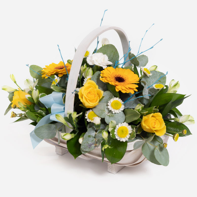 Blue Baby Boy Basket 
 - A floral basket overflowing with yellow and white flowers, neatly arranged with foliage. 