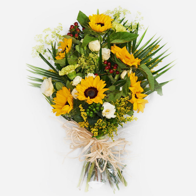 Funeral Flowers in Cellophane - Funeral flowers in cellophane using bright shades of yellow, white and green. Please order with 2 days so that the florist can make sure they have Sunflowers.